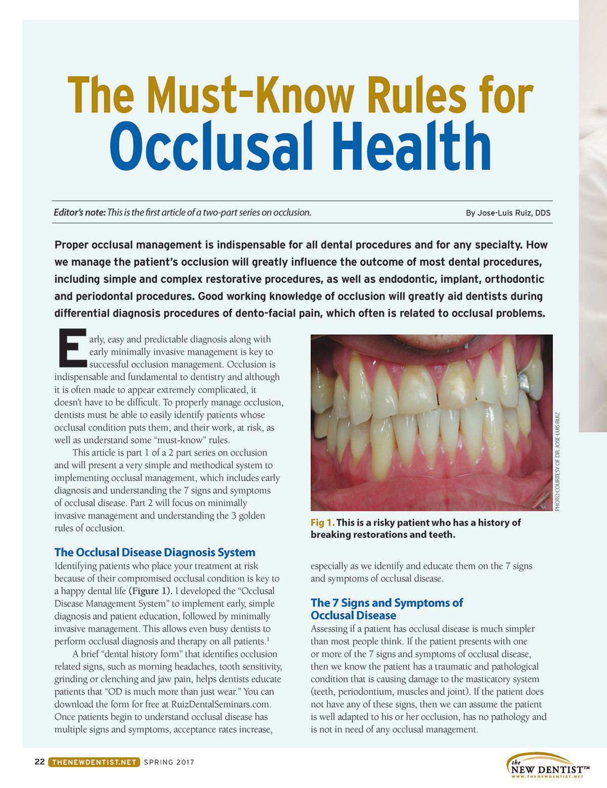 Article in The New Dentist magazine Spring 2017 by Doctor Ruiz